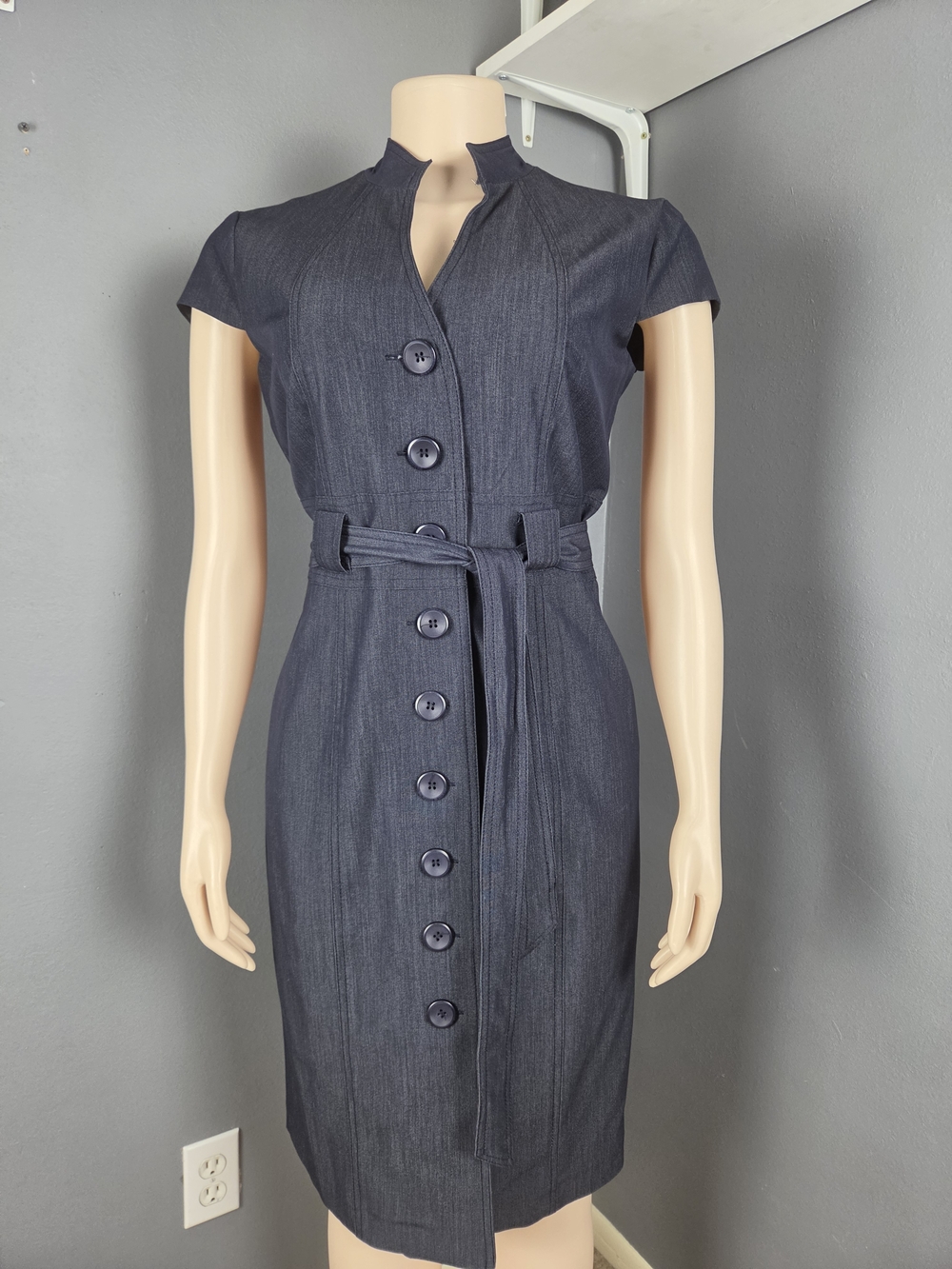 Sandra Darren Navy Button-Front Belted Midi Dress